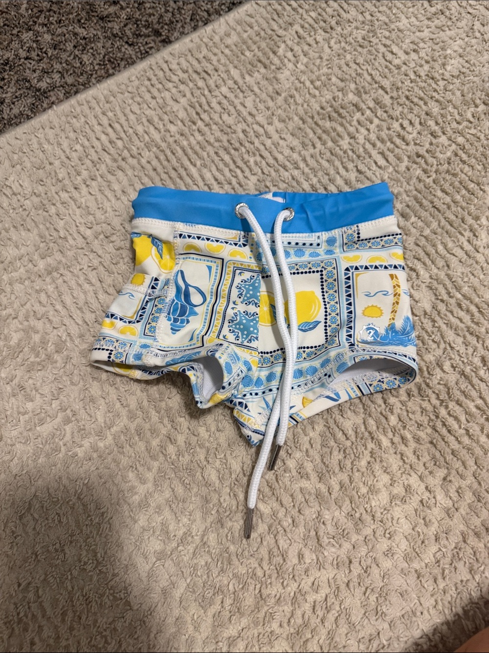 Kids Blue & Yellow Printed Swim Trunks with Drawstring